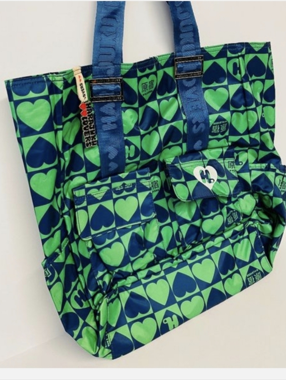 Harajuku Lovers Blue and Green hearts Print Design Large Tote
